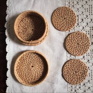 Vintage Woven Wicker Lidded Basket Coaster Set